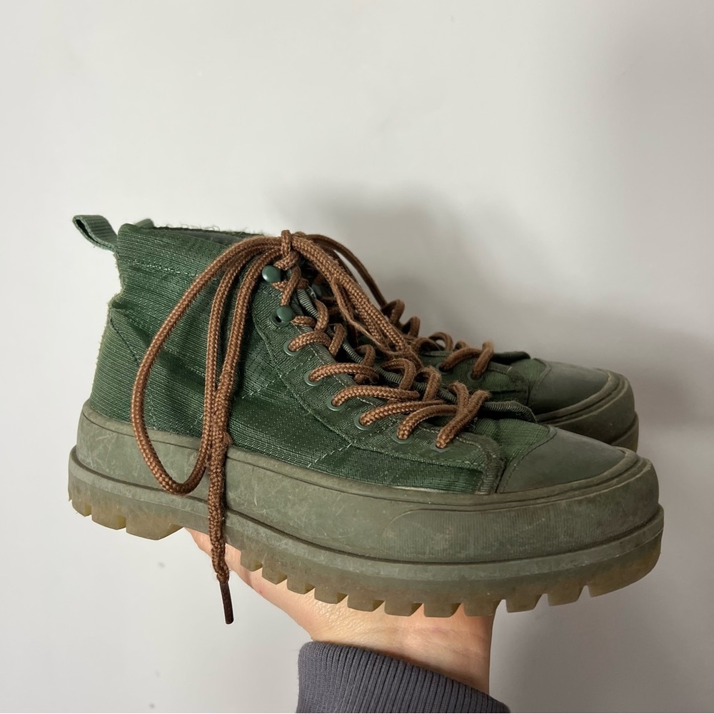 Greats Olive Canvas High-Top Combat Boots with Brown Laces
